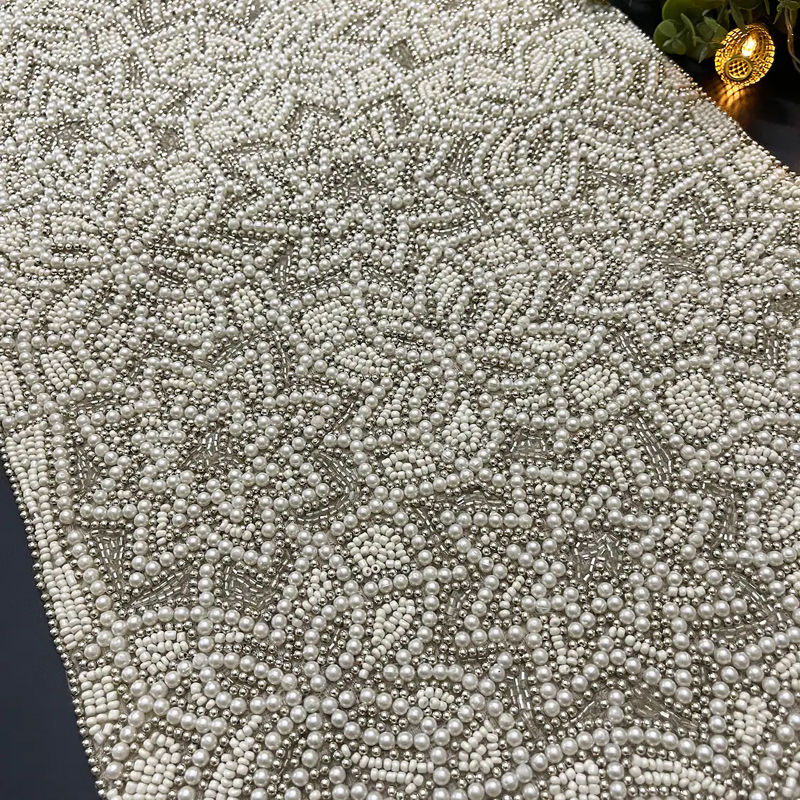 Thumbnail: Handmade beaded Christmas table runner, white silver, 13x36inch
