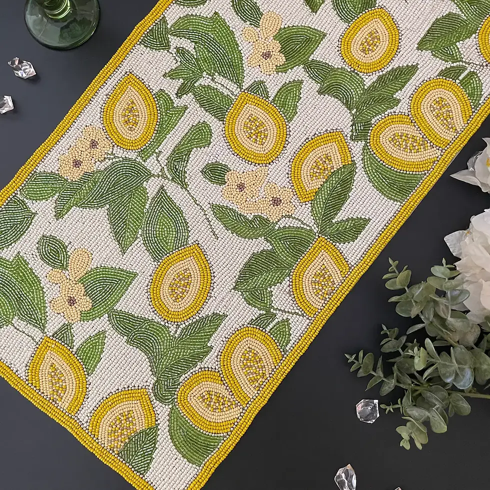 Thumbnail: Handmade table runner, Lemon and leaves beaded runner floral centerpiece multico