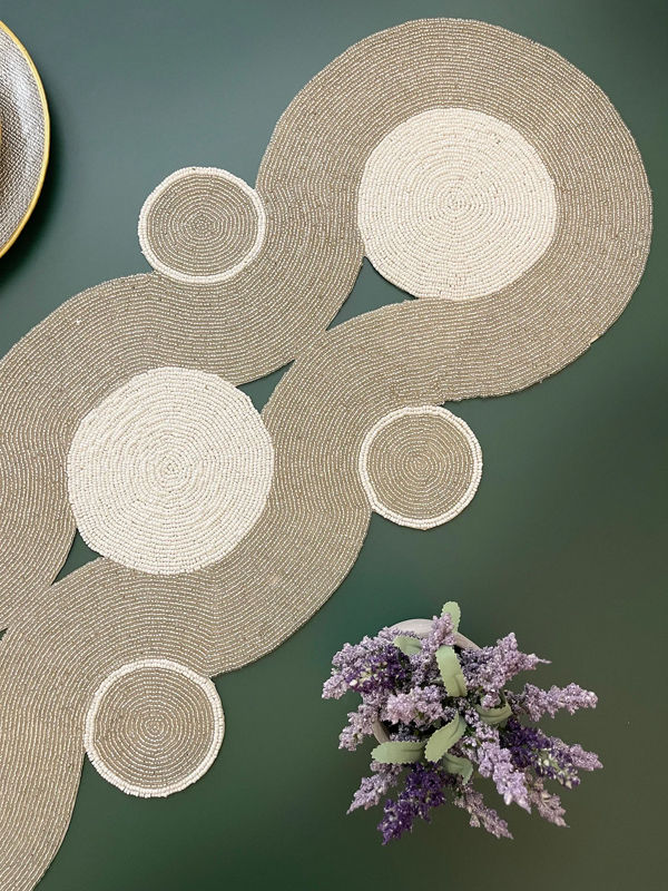 Thumbnail: Handmade table runner, beaded table runner, silver and white, 13x36inch