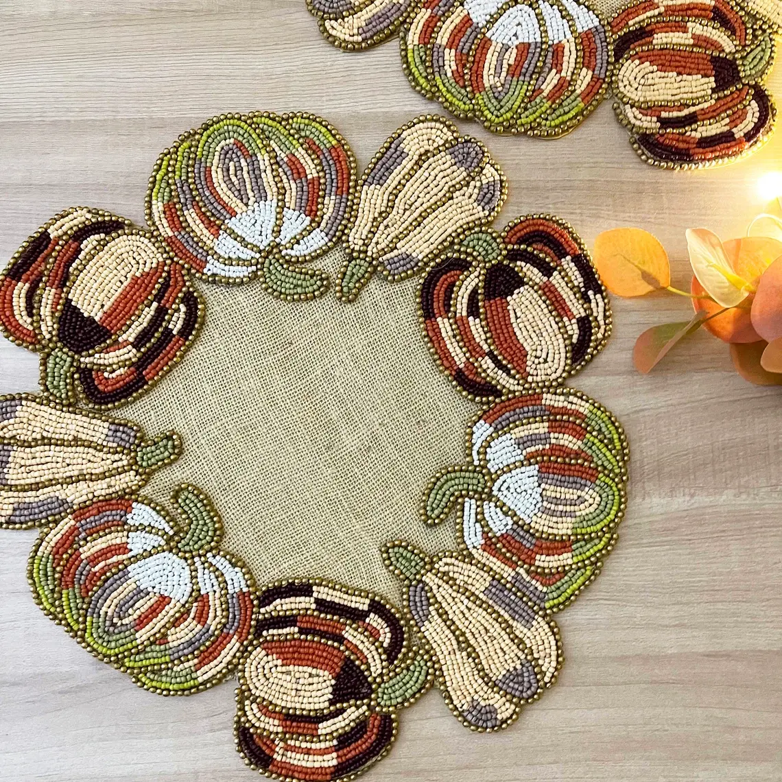 Set of 6, handmade beaded placemat on burlap, pumpkin harvest table mat, 14inch