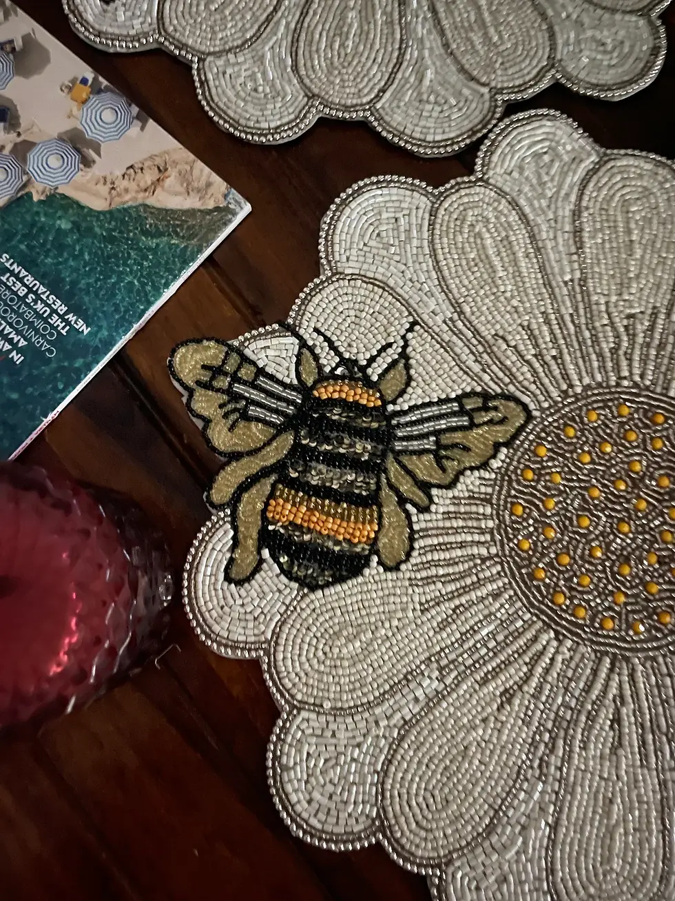 Thumbnail: Set of 6, Handmade beaded placemat, bee on flower tablemat, 14 inch