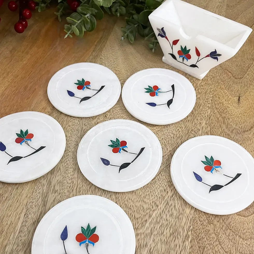 Thumbnail: Natural White Marble with metal inlay, coaster set, 4x4inch, Set of 6 with stand