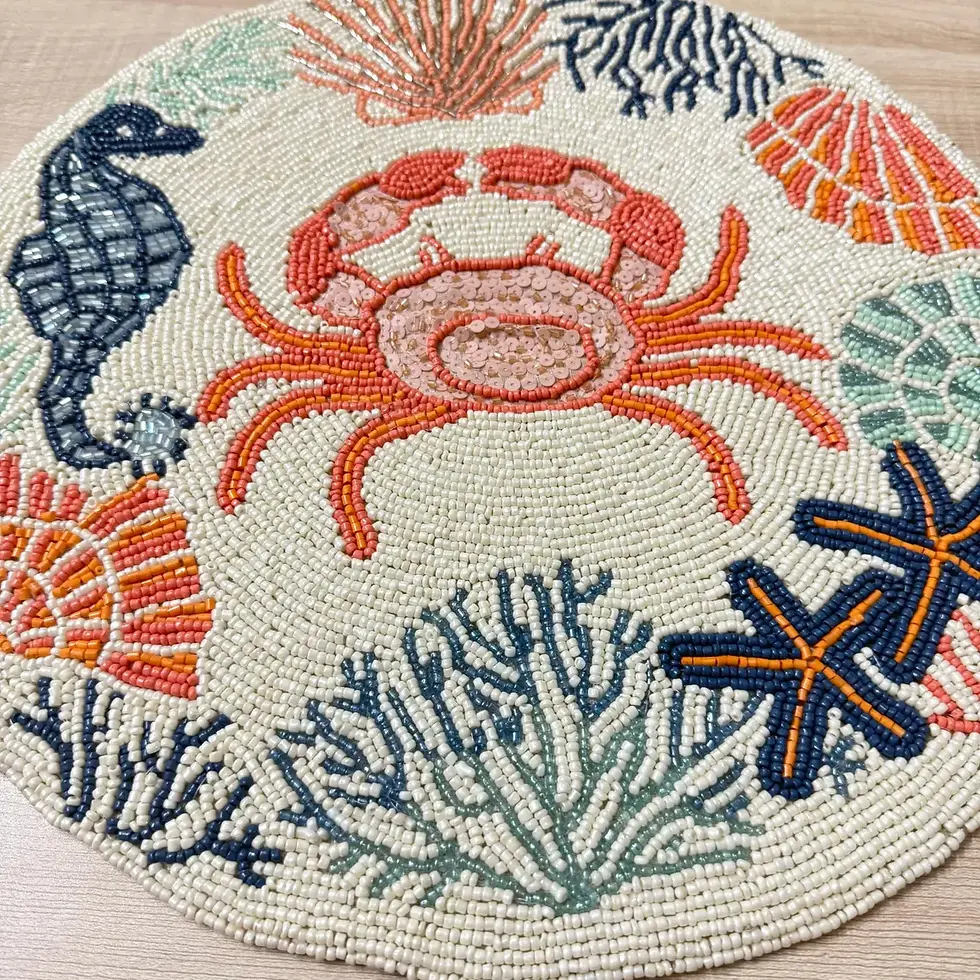 Thumbnail: Handmade Beaded Placemat: Coastal Coral Table Placemat, 14 inch