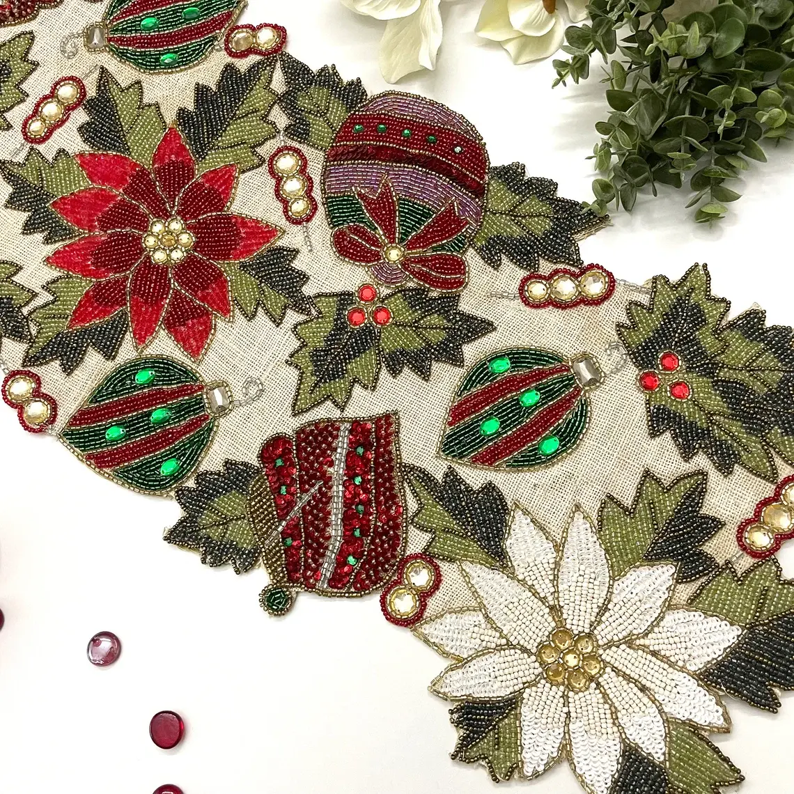 XXL Handmade Christmas table runner, beaded runner, centerpiece multi colour, 13