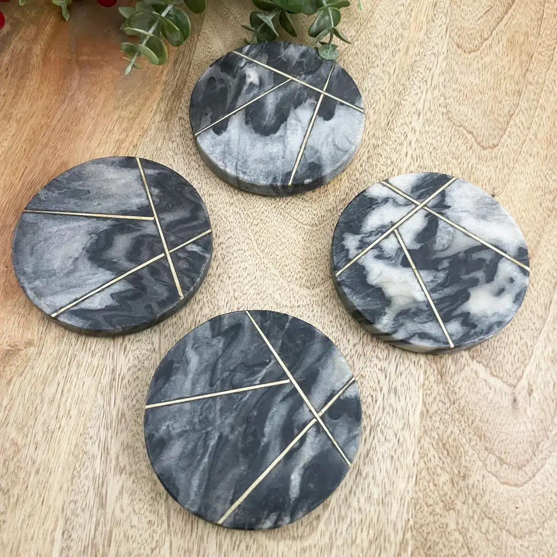 Marble grey-bkack with metal inlay coaster set of 4, 4.5x4.5 inch, Set of 4