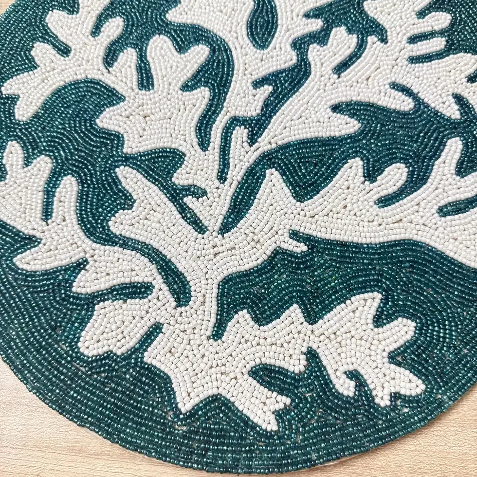 Thumbnail: Handmade Beaded Placemat: Coastal Coral Table Placemat, teal , 14 inch