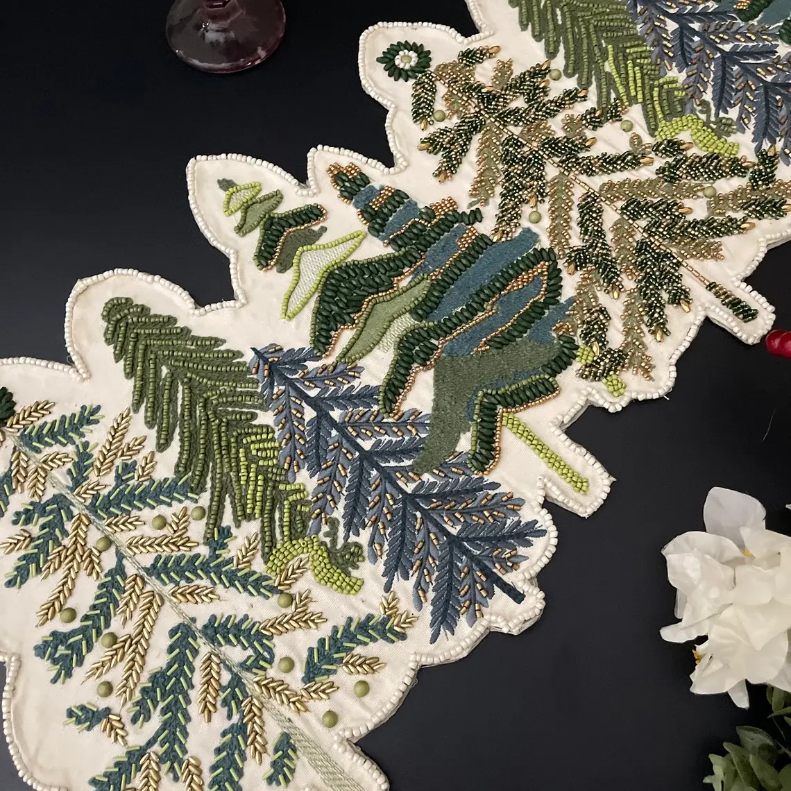 Handmade Christmas Embroidered + beaded runner, centerpiece multi colour, 13x36i