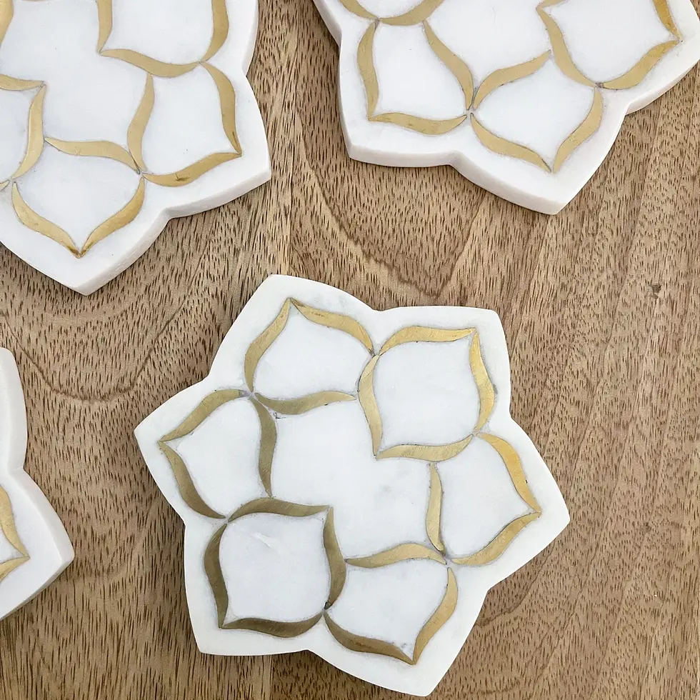 Thumbnail: Natural White Marble with metal inlay, lotus, coaster set  of 4, 4.5x4.5 inch