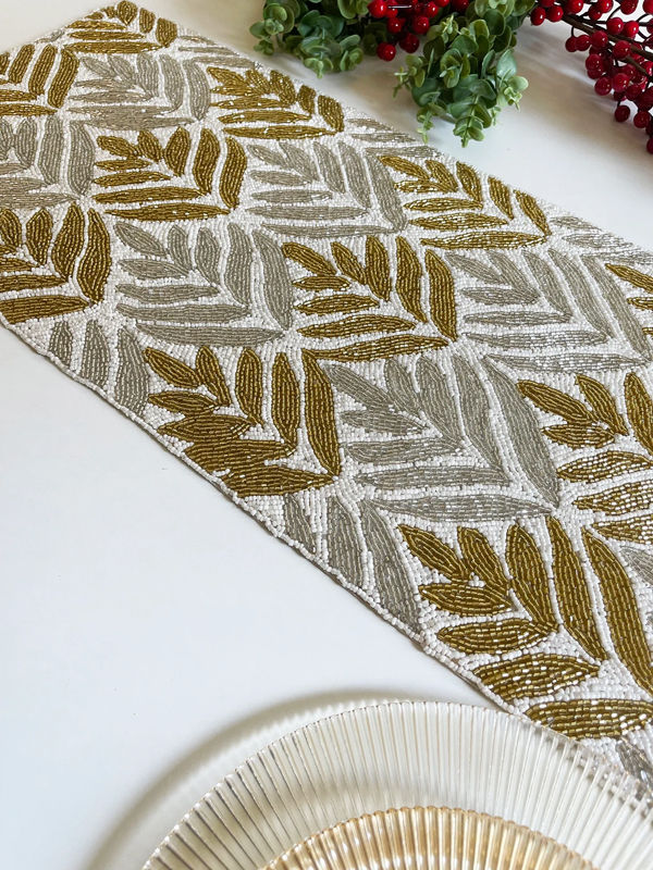 Thumbnail: Handmade table runner, gold and silver on white, hand beaded runner, 13x36inch