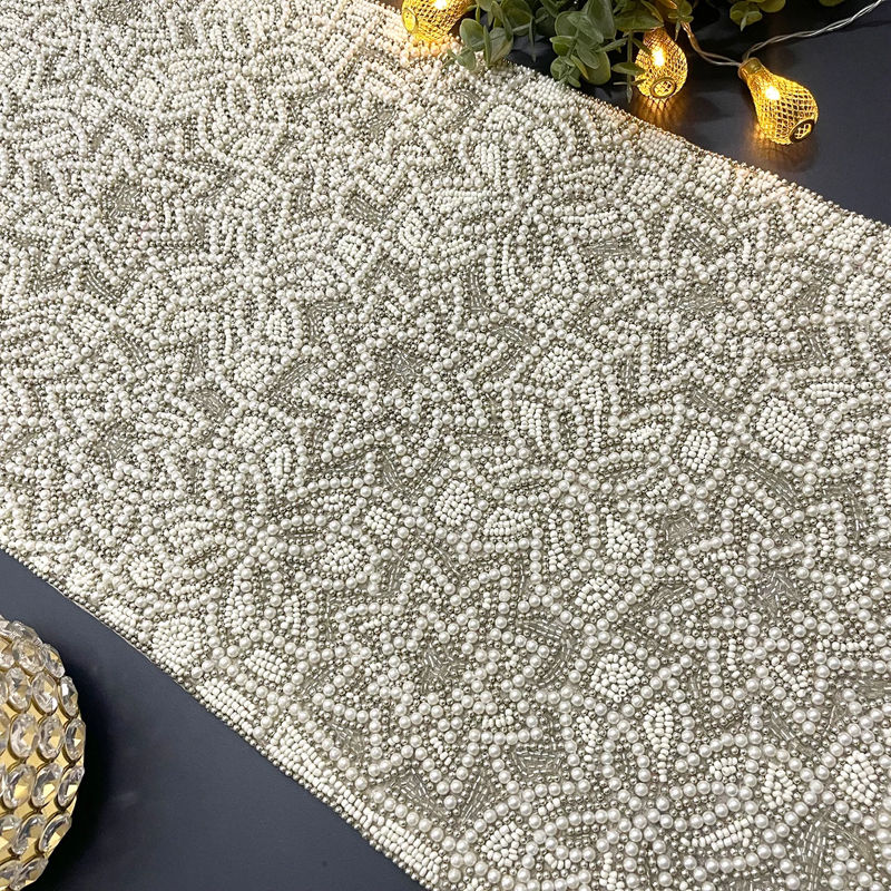 Thumbnail: Handmade beaded Christmas table runner, white silver, 13x48inch