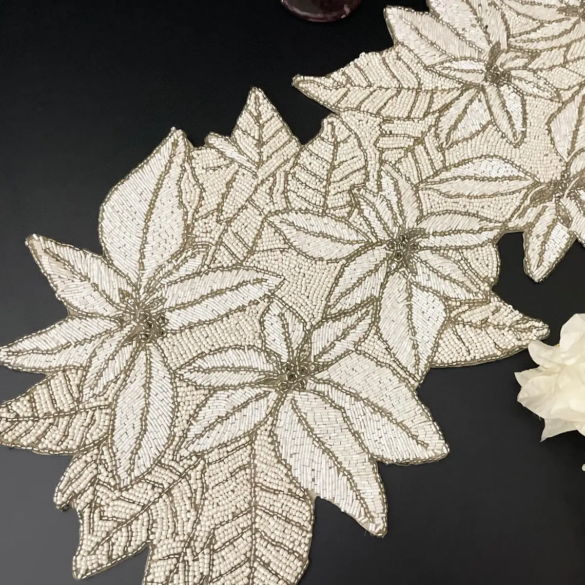 Christmas handmade beaded table runner, white floral Poinsettia, 13x36inch