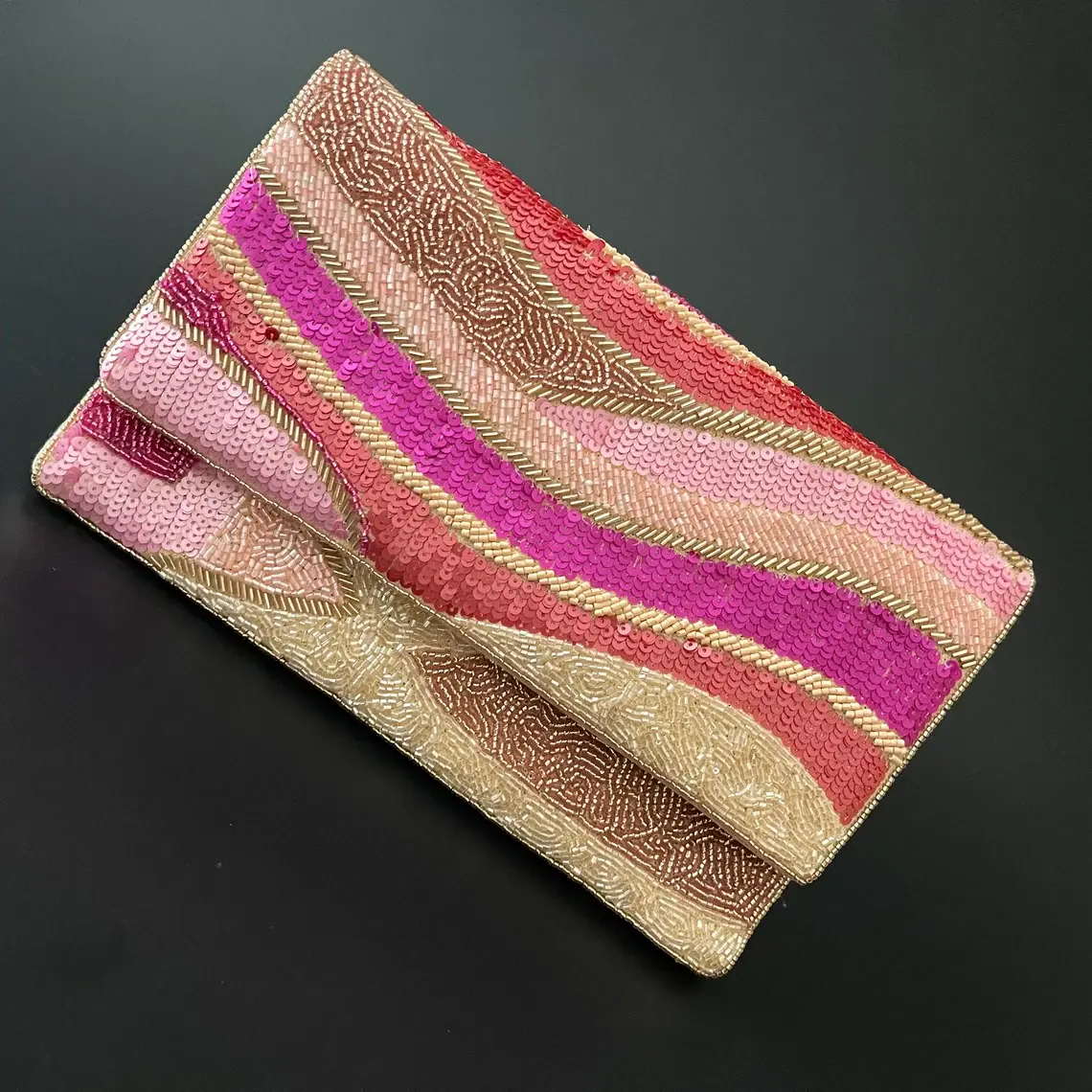 Handmade Beaded clutch bag, pink and gold, party bag with string, Gift for her