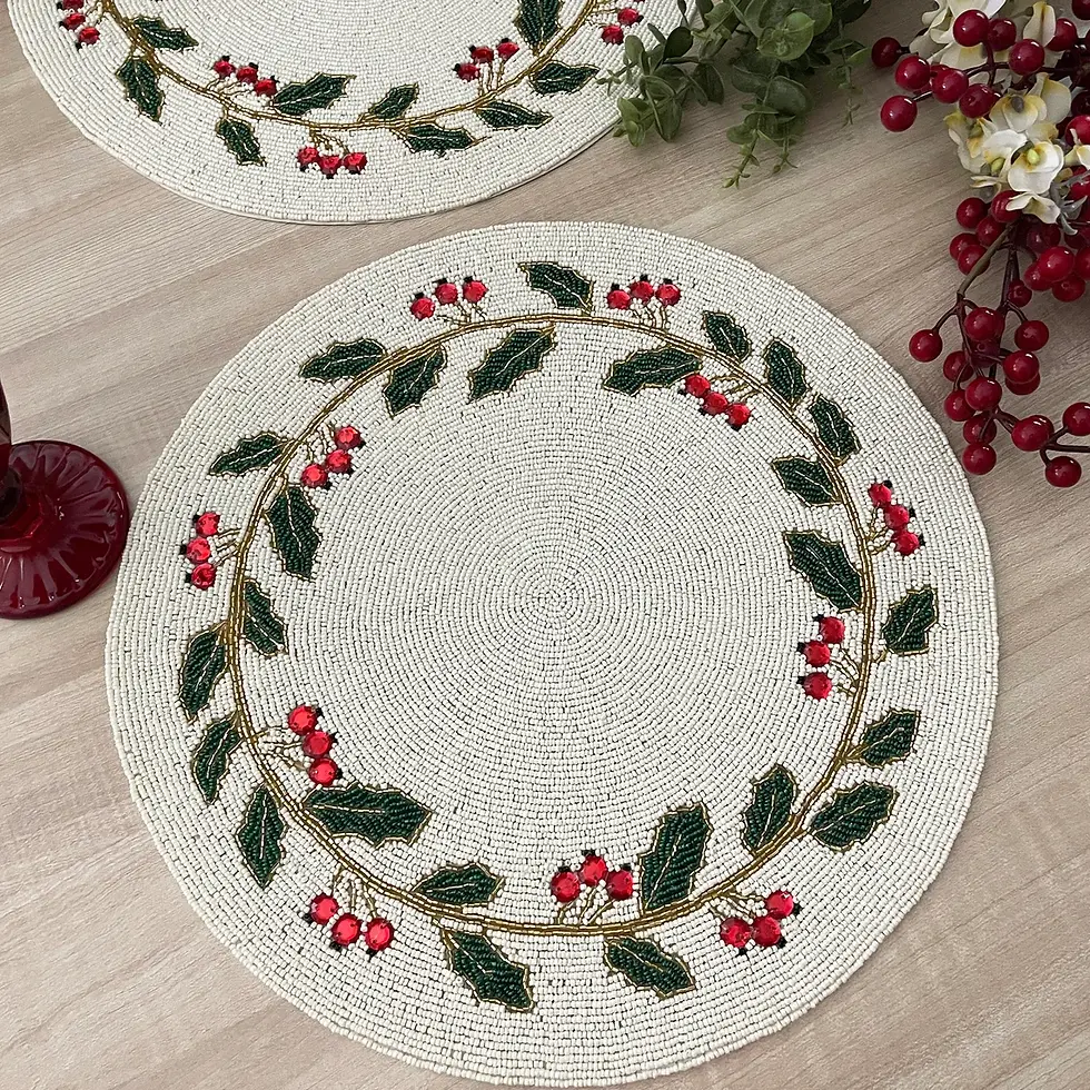 Thumbnail: Set of 6, Christmas Special beaded placemat, 14 inch, gifts, holly berry