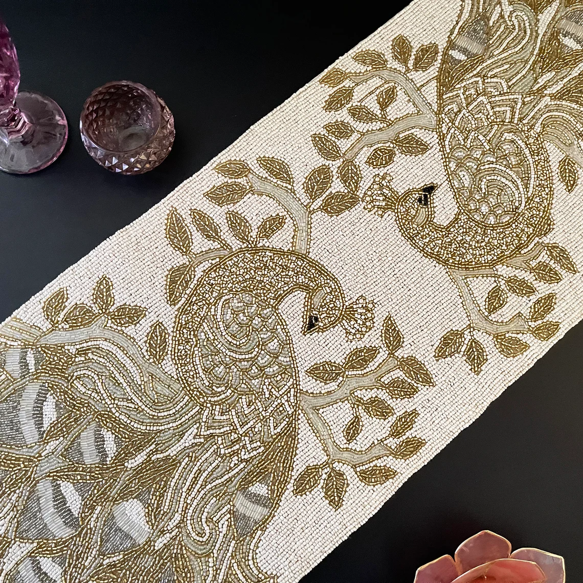 Handmade bead table runner, peacock design, light cream and gold, 13x36 inch