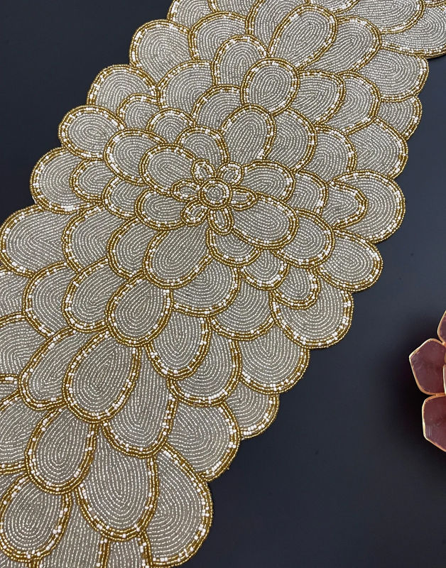 Thumbnail: Handmade bead table runner, floral beaded runner, Silver and Gold, 13x36inch