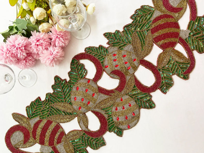 Thumbnail: Handmade table runner, Christmas beaded centerpiece multicolor, 13x36inch