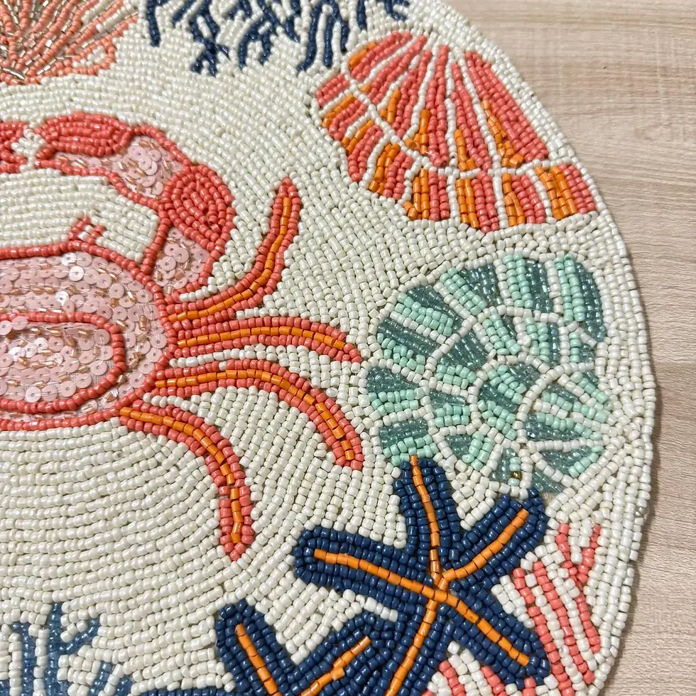 Thumbnail: Handmade Beaded Placemat: Coastal Coral Table Placemat, 14 inch