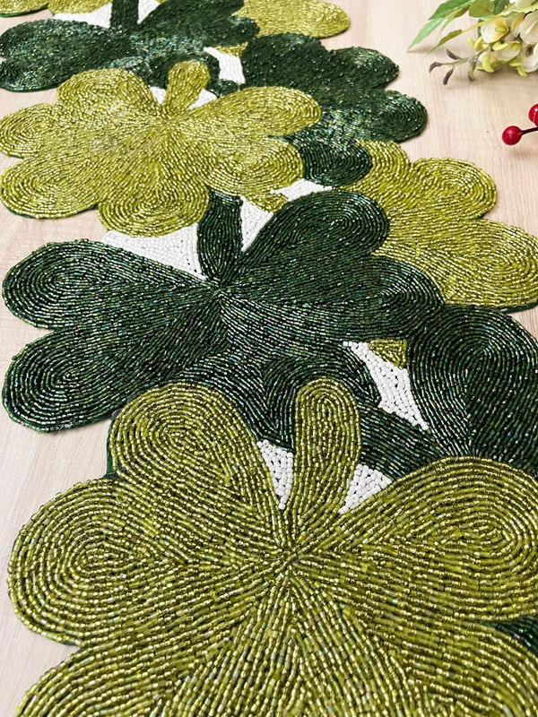 Thumbnail: Handmade table runner, Clover Leaf/Shamrock hand beaded runner, Green 13x36inch