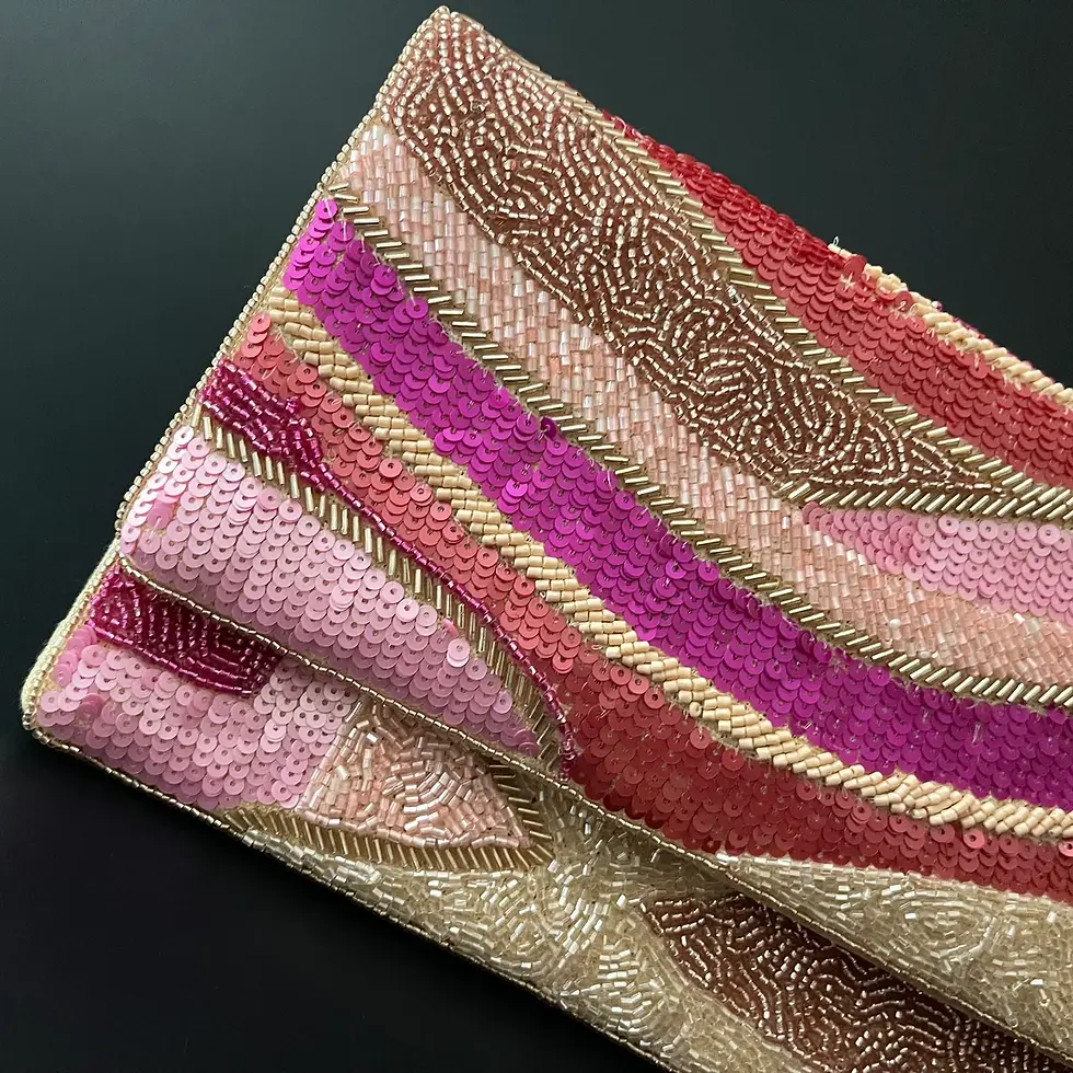 Thumbnail: Handmade Beaded clutch bag, pink and gold, party bag with string, Gift for her