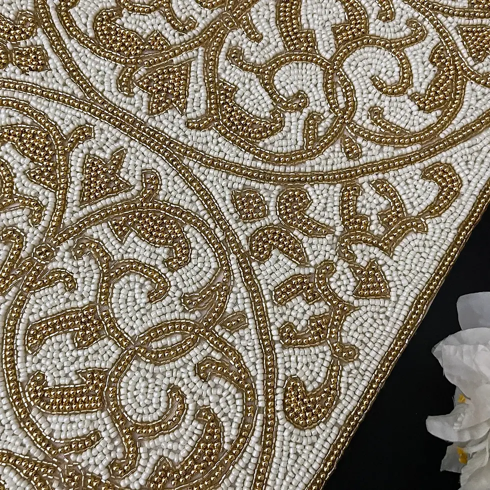 Thumbnail: Handmade bead table runner, geometrical design, light cream and gold, 13x36 inch