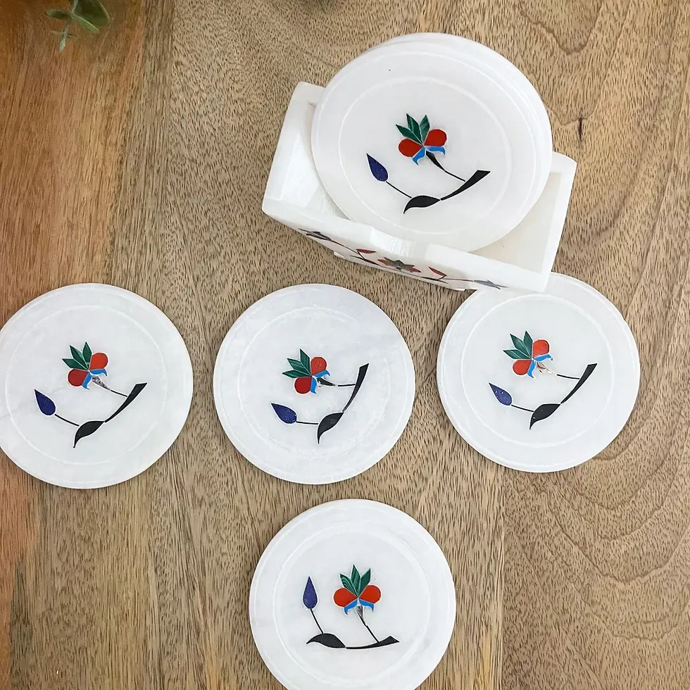 Thumbnail: Natural White Marble with metal inlay, coaster set, 4x4inch, Set of 6 with stand