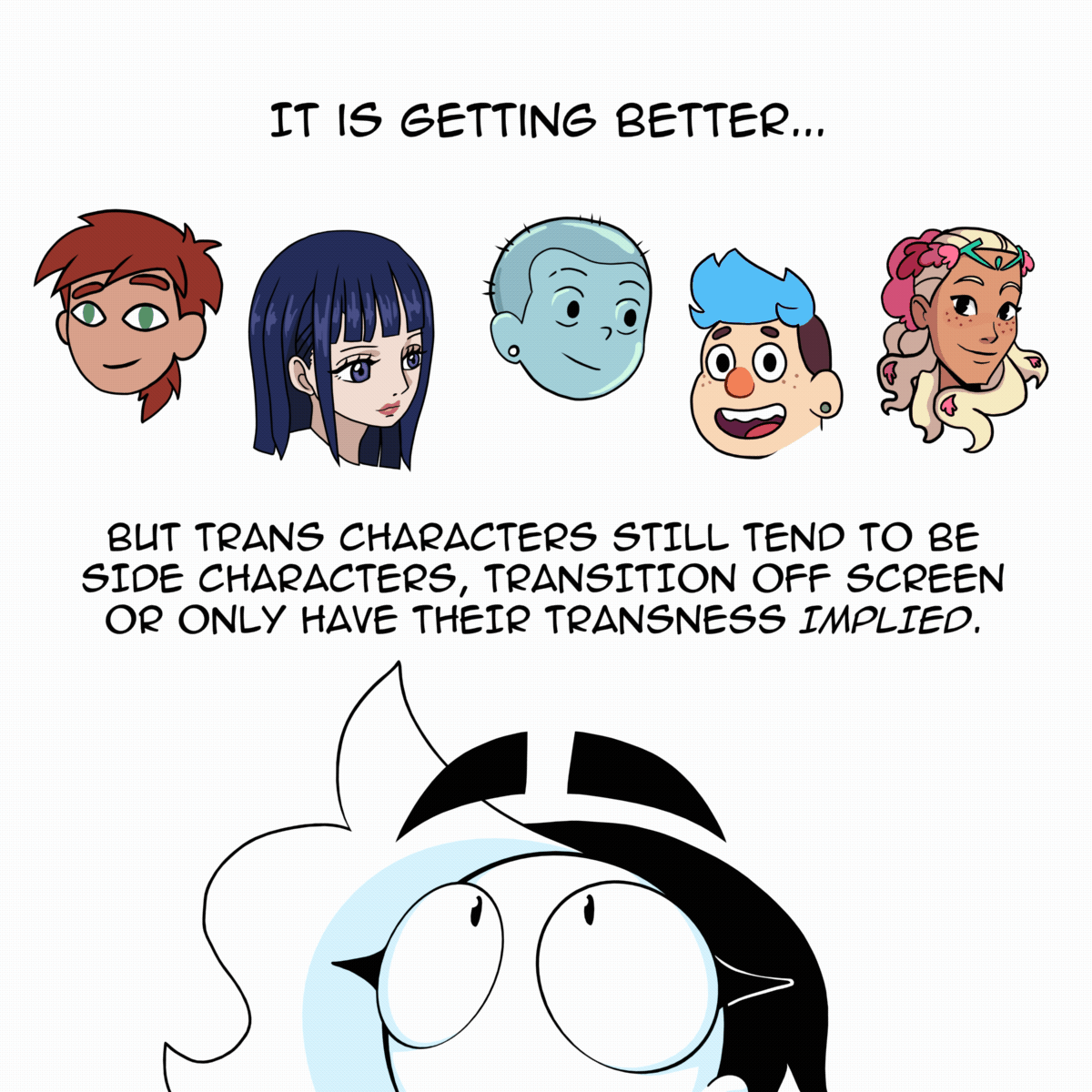 Panel 5: Charlie is looking up, peaking from the bottom of the frame. The heads of Hunter (Fiona and Cake), Kikunojo (One Piece), Lake (Infinity Train), Barney (Dead Endia) and Perfuma (Shera) are floating above. The text says "It is getting better... but trans characters still tend to be side characters, transition off-screen or only have their transness implied."