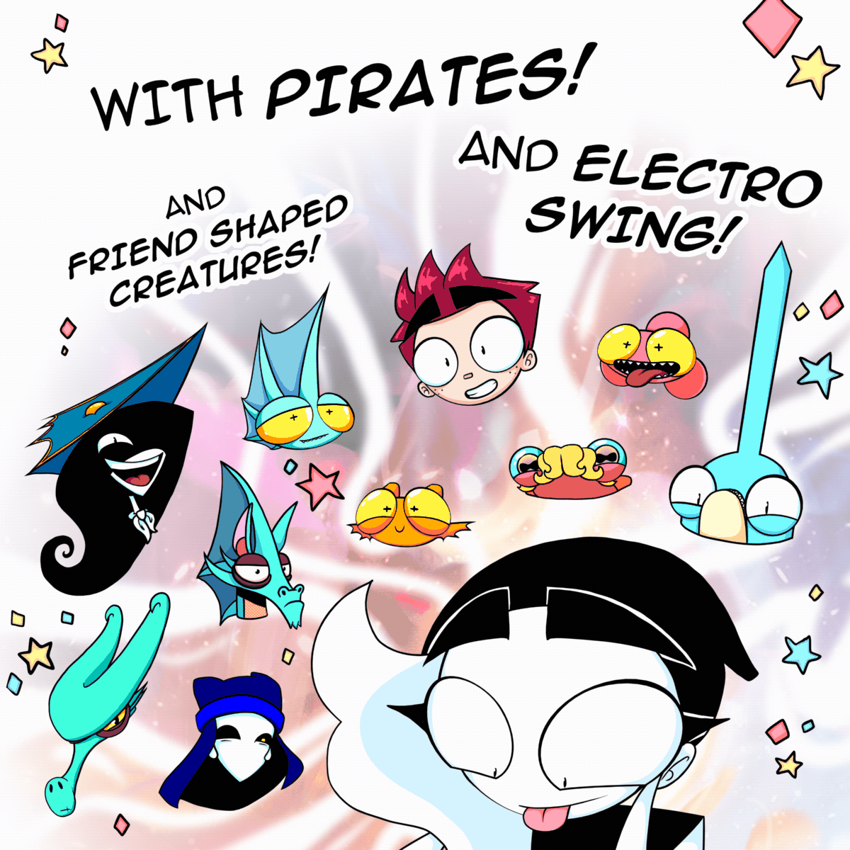Panel 7: We see tendrils of a colourful star filled sky emanating out of Charlie. She has floating heads of all the characters of Member of The Revelry hovering around her. The text says "With pirates! And Electro-swing! And friend shaped creatures!"