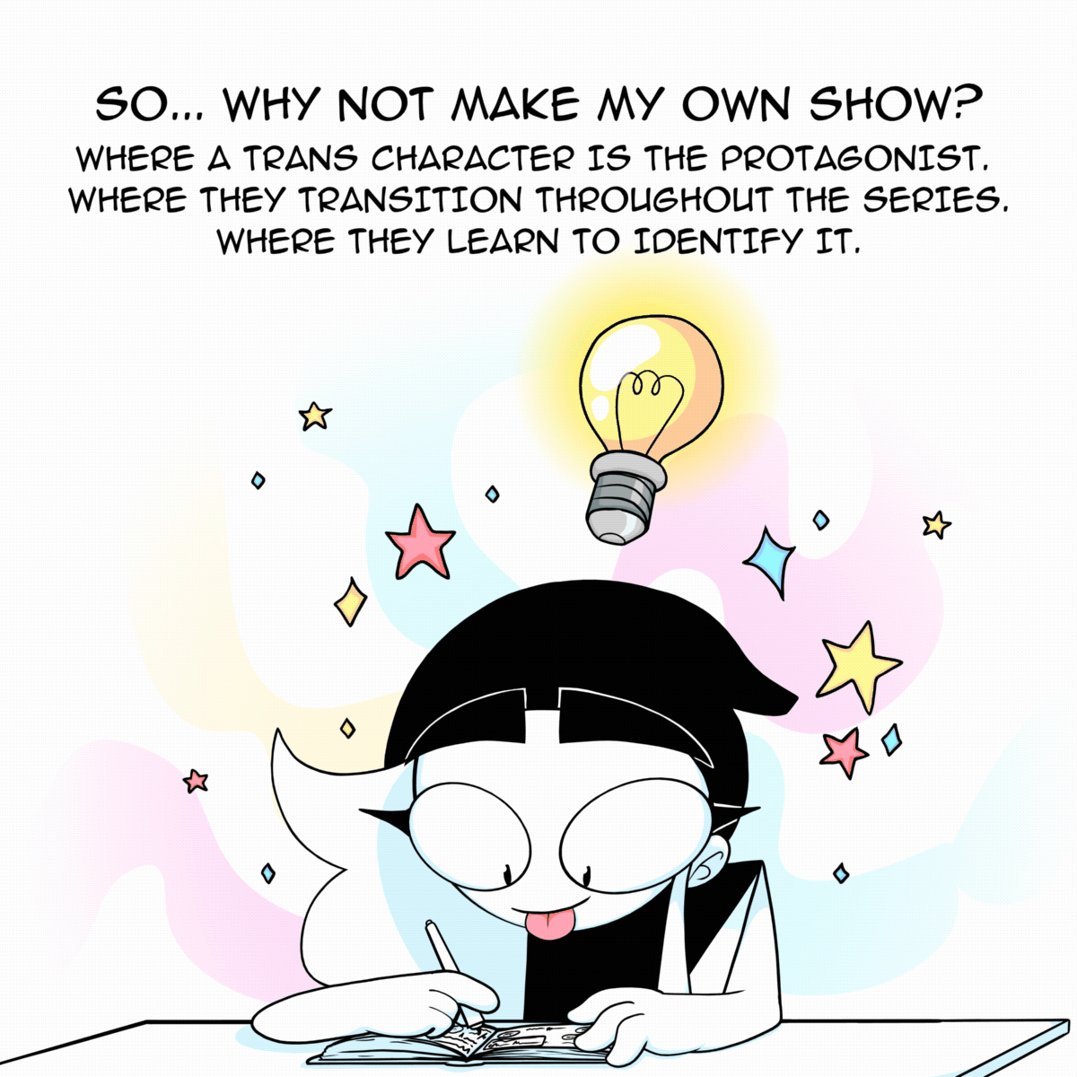 Panel 6: Charlie sitting at the table excited drawing into her sketchbook. She has a floating lightbulb hovering over her head. The text says "So... why not make my own show? Where a trans character is the protagonist. Where they transition throughout the series. Where they learn to identify it."