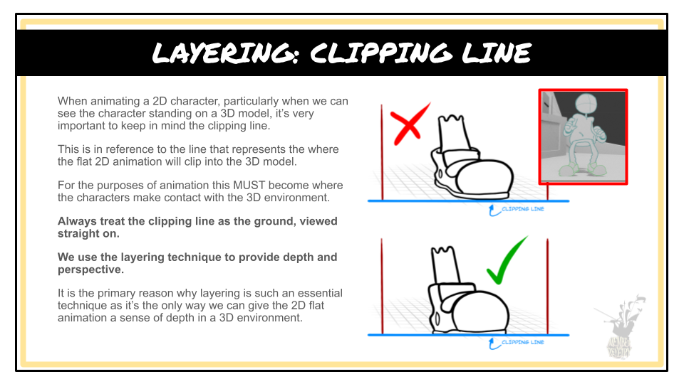 A page from the MoTR Animation and Design Guide introducing The Clipping Line in relation to Layering. The page explains the regardless of the perspective of the shot the characters drawn should not be drawn with that perspective in mind using a single layer. The bottom of the frame should be consider the point in which a character touches the 3D environment.