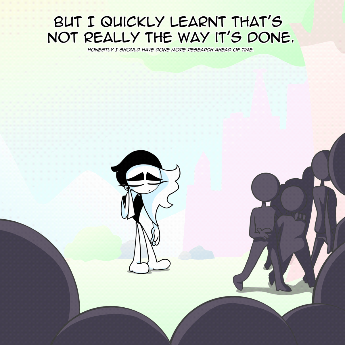 Panel 2: The crowd is dispersing with Charlie left rubbing her neck awkwardly. The text says "But I quickly learnt that's not really the way it's done. Honestly I should have done more research ahead of time."