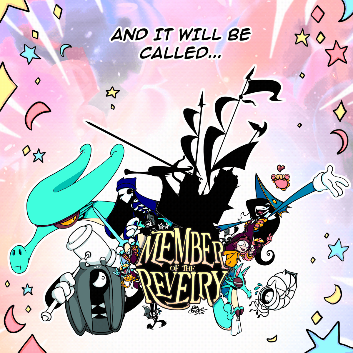 Panel 8: A big splash panel with the Member of the Revelry logo at its centre surrounded by the colourful star filled sky. The characters of MoTR can be seen leaning around the logo. The text says "And it will be called... MEMBER OF THE REVELRY."