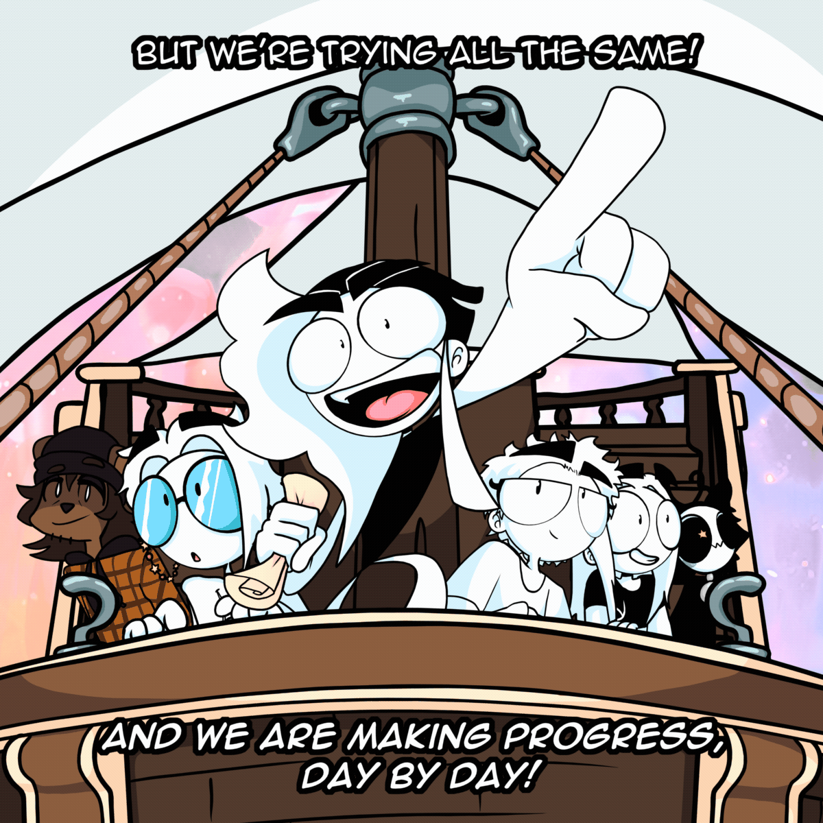 Panel 9: Charlie is seen at the head of a ship, clasping the previously seen map in one hand and pointing dramatically out with a big smile in their face. The rest of the current MoTR team is seen arrayed behind her. The text says "But we're trying all the same! And we are making progress, day by day!"