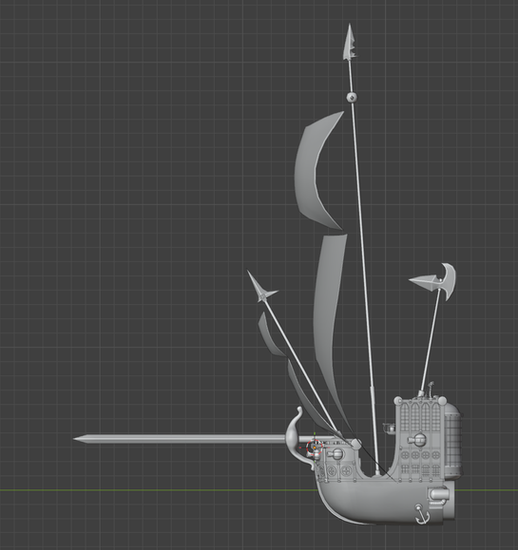 A textureless 3D render of The Grand Vagabond ship from MoTR with it's sails unfurled from the side.