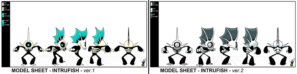 The Intrufish modelsheet comparison between version 1 and version 2.
