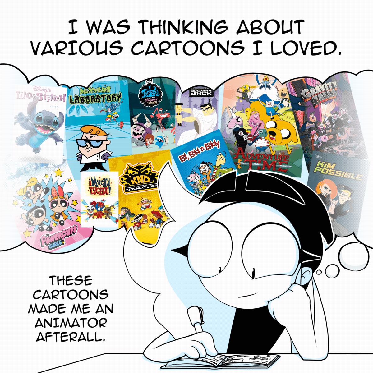 Panel 2: Charlie sat at the table with a thought bubble containing posters from various cartoons: Dexter's Laboratory, Lilo & Stitch, Powerpuff Girls, Mucha Lucha, Ed, Edd and Eddy, Fosters Home for Imaginary Friends, Samurai Jack, Adventure Time, Gravity Falls and Kim Possible. The text on the panel says "I was thinking about various cartoons I loved. These cartoons made me an animator after all."