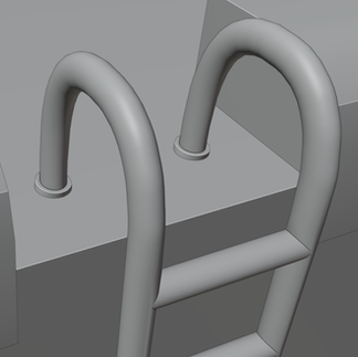 A textureless 3D model of the top of a ladder curling round and bolted to the ground.