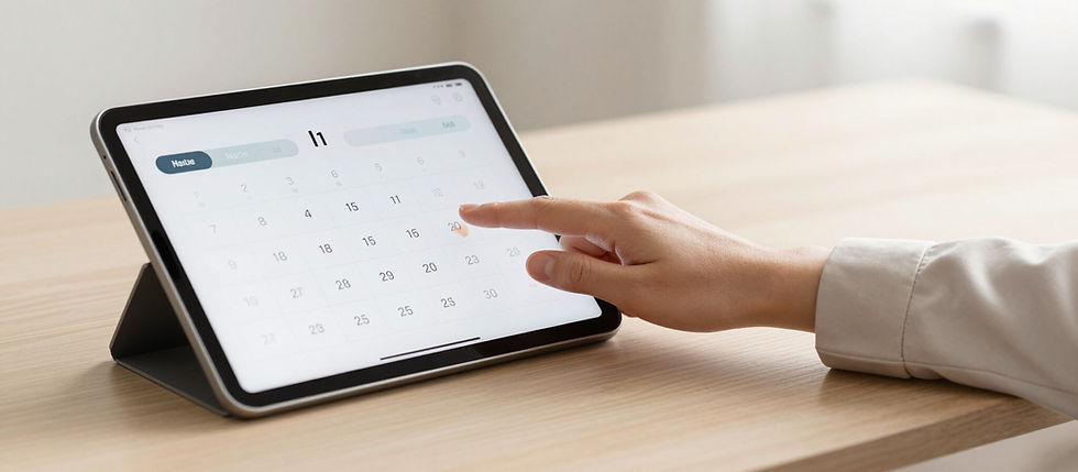 Hand scheduling online psychotherapy appointment on tablet