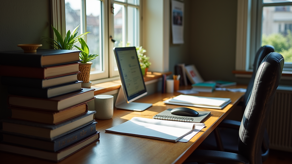 High angle view of a student’s study corner with books and a computer