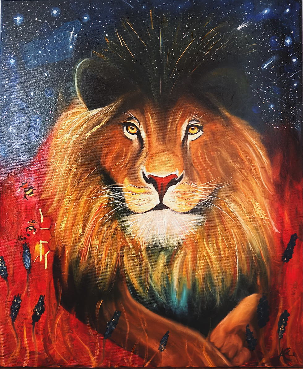 pride lion with red and blue background