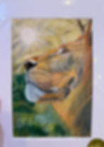 Lion portrait painting with the sun; detailed art piece, King of Hope, nature scene.