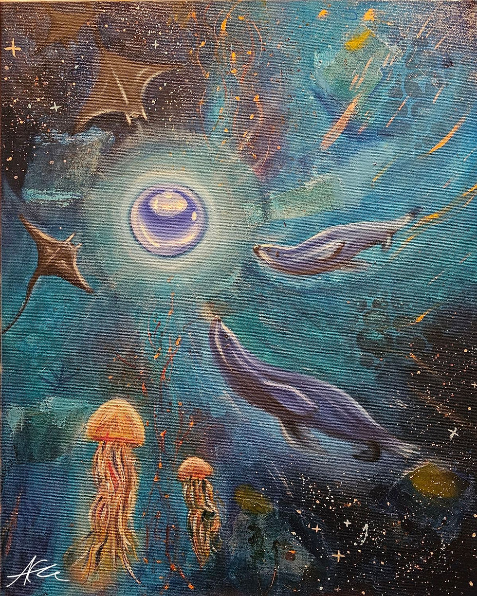 jellyfishes, sea hounds, rays swimming to a glowing pearl