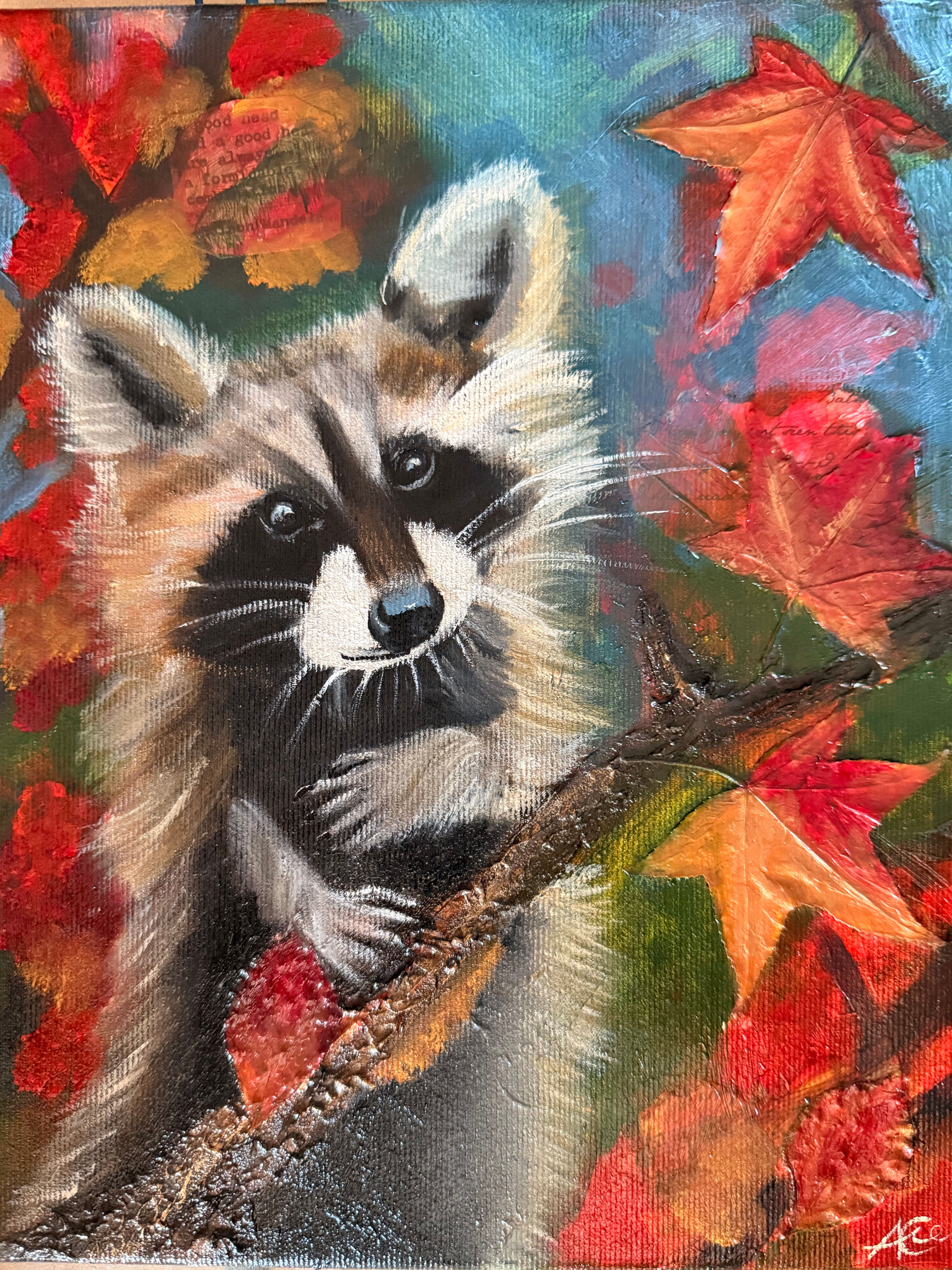 A raccoon, art piece, sitting on a branch, with autumn leaves around it.