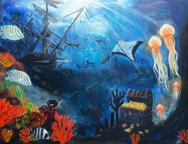 Underwater ocean scene with shipwreck, sharks, and treasure chest. MY ART AC Brune FineArt Web
