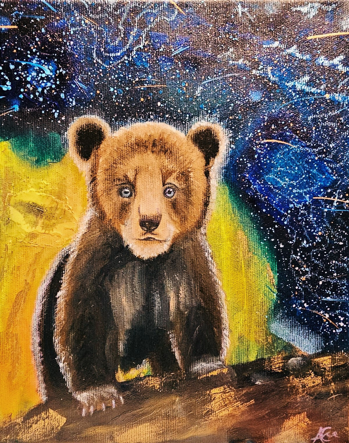 Adorable brown bear cub painting with starry background on a wooden log.