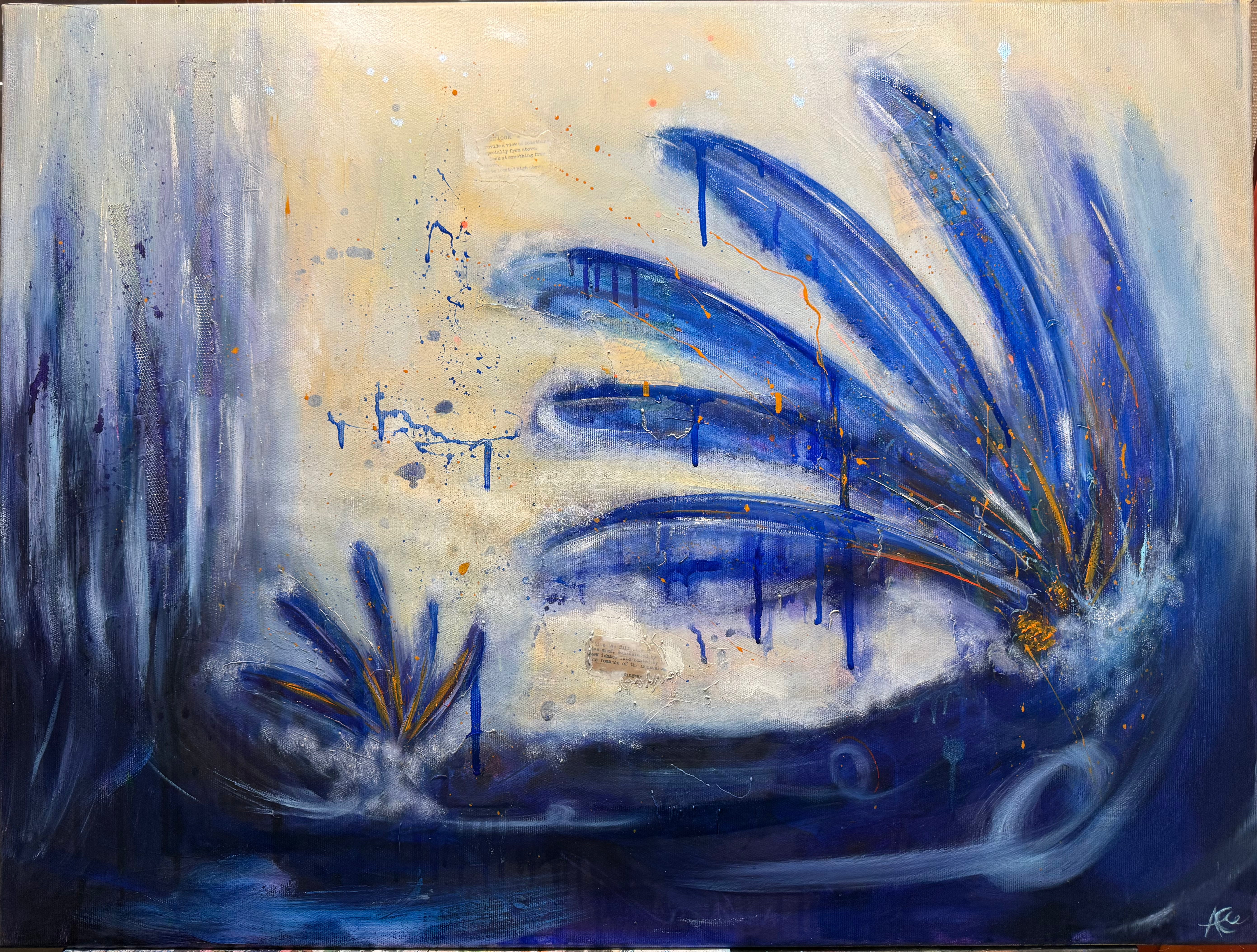 Abstract blue and gold painting with splashes and drips, art piece by AC Brune FineArt Web