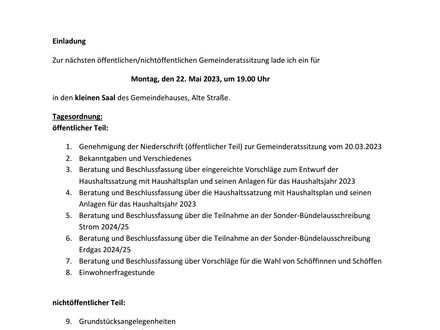 Einladung zur Ratssitzung