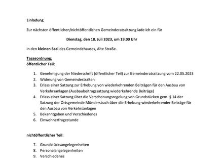 Einladung zur Gemeinderatssitzung
