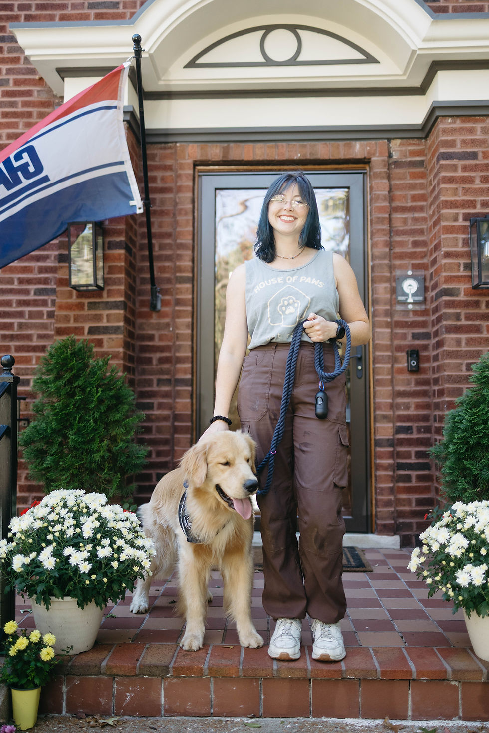 A dog walker leads a golden retriever
