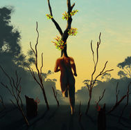 samuel hardidge digital illustration of out of the ashes into the fire a blackened figure running into the dawn with bright sprouting leaves bushfire recovery art