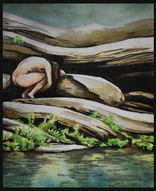A watercolour painting of a figure on rocks